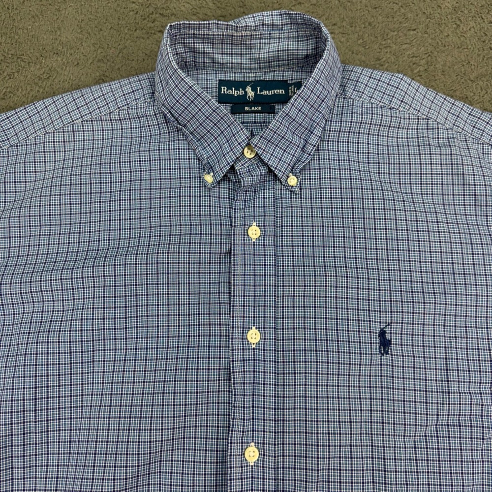 Ralph Lauren Button Down Mens L Blue Checkered Blake Short Sleeve Pony Logo